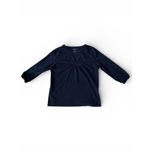 Talbots Womens Small Navy Blue 100% Cotton Split Neck Pleated 3/4 Sleeve Top